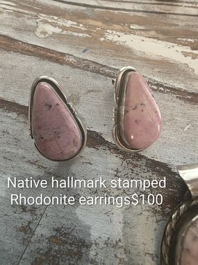 Sterling Silver Rhodonite Teardrop Clip-On Earrings - Pink